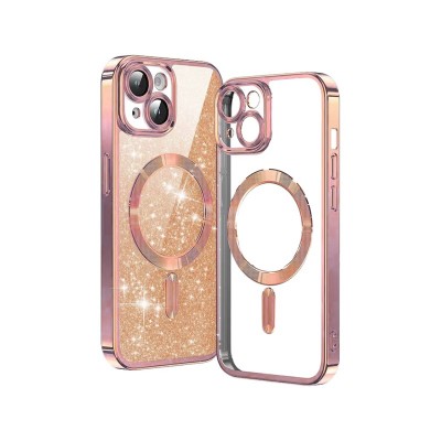 Husa iPhone 15, Crystal Glitter MagSafe cu Protectie La Camere, Rose Gold
